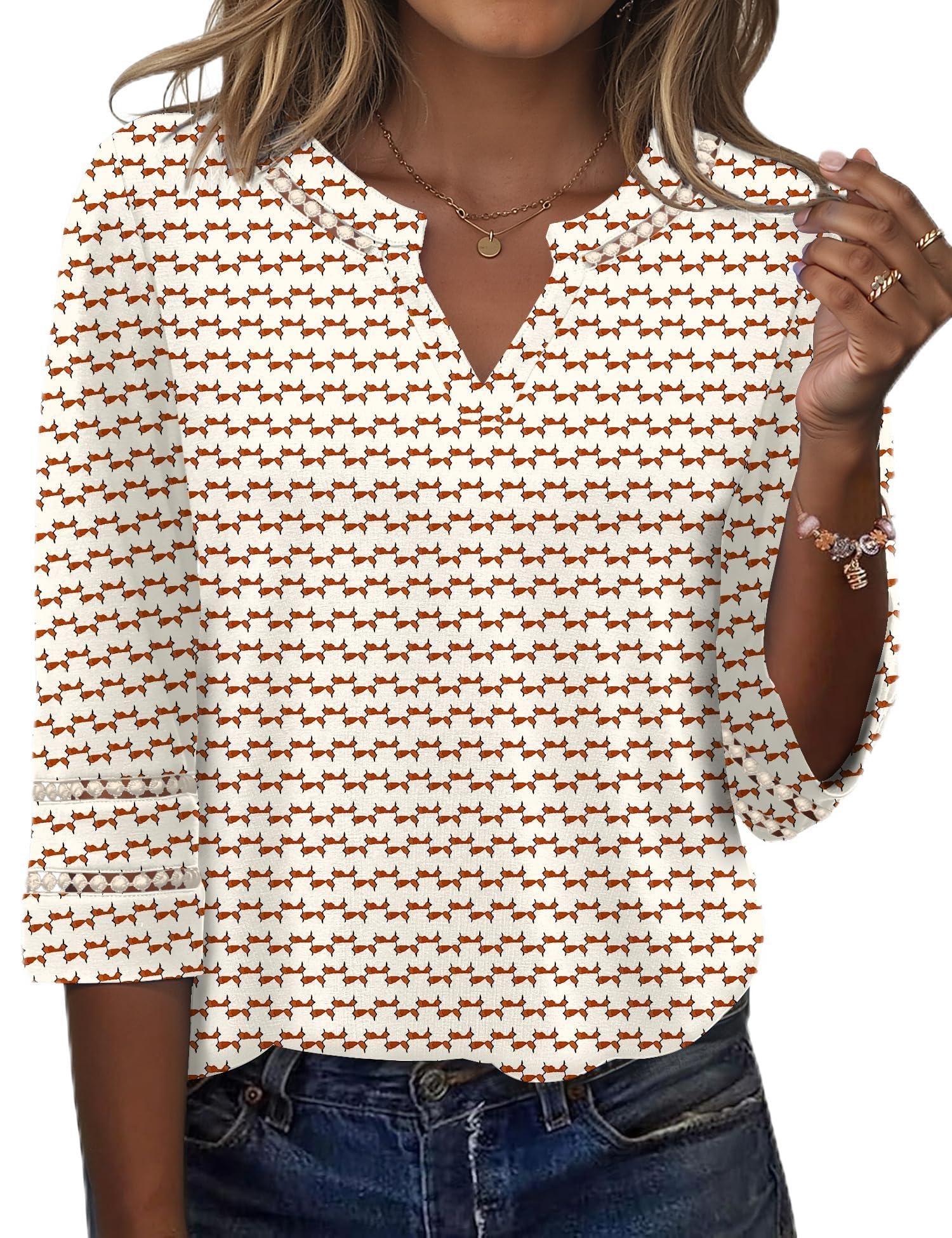 Rapbin Bluse Damen Elegant 3/4 Arm Shirt V-Ausschnitt Sommer Tunika Spitze Bestickt Vintage Oberteil 2026 Mode Tops