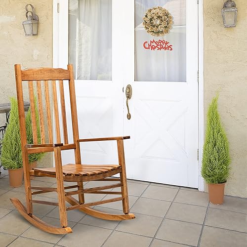 Miniatura 2 de Wooden Rocking Chair - Indoor Outdoor Rocking Chair with Slatted Seat and Backrest - Nursery Rocking Chair with High Back Seat - Smooth Rocker Chair