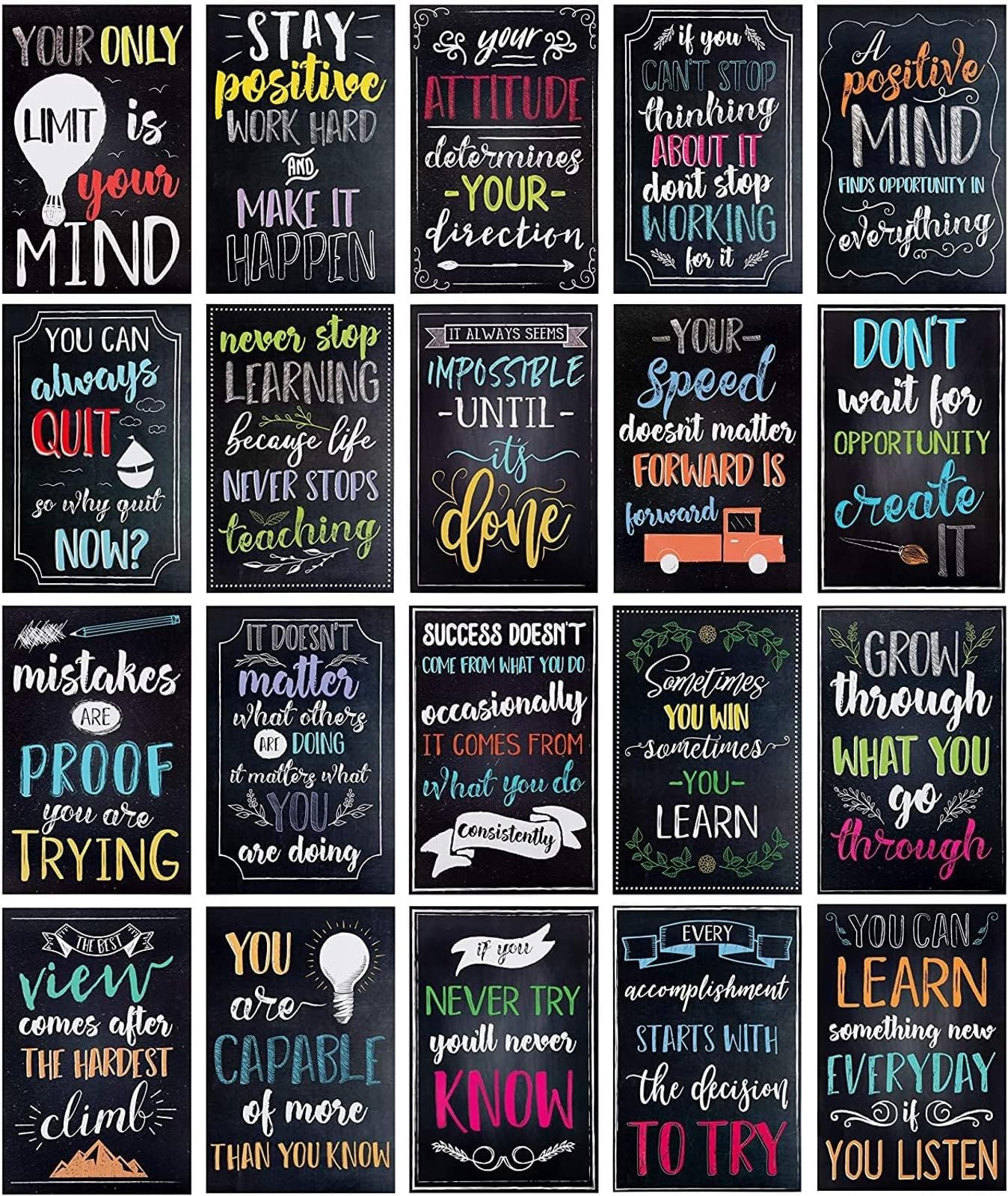 20-Pack 13x19 in Motivational Classroom Posters - Chalkboard-Style Wall Decor, Classroom Decor, Bulletin Board Decorations, School Supplies for Teachers, Growth Mindset Posters