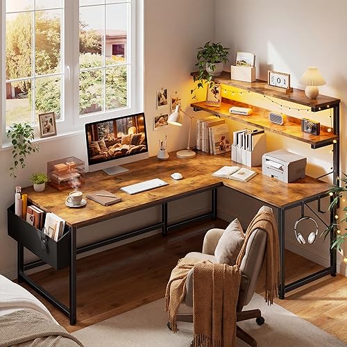 Miniatura 2 de Escritorio para juegos en forma de L con luz LED y toma de corriente, escritorio de oficina reversible en forma de L de 53 pulgadas con estante y