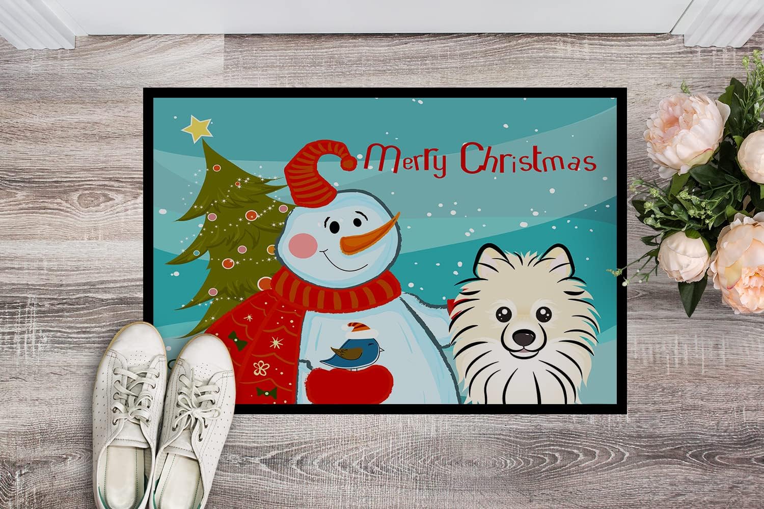 Caroline's Treasures BB1827MAT Snowman with Pomeranian Doormat 18x27 Front Door Mat Indoor Outdoor Rugs for Entryway, Non Slip Washable Low Pile, 18H X 27W