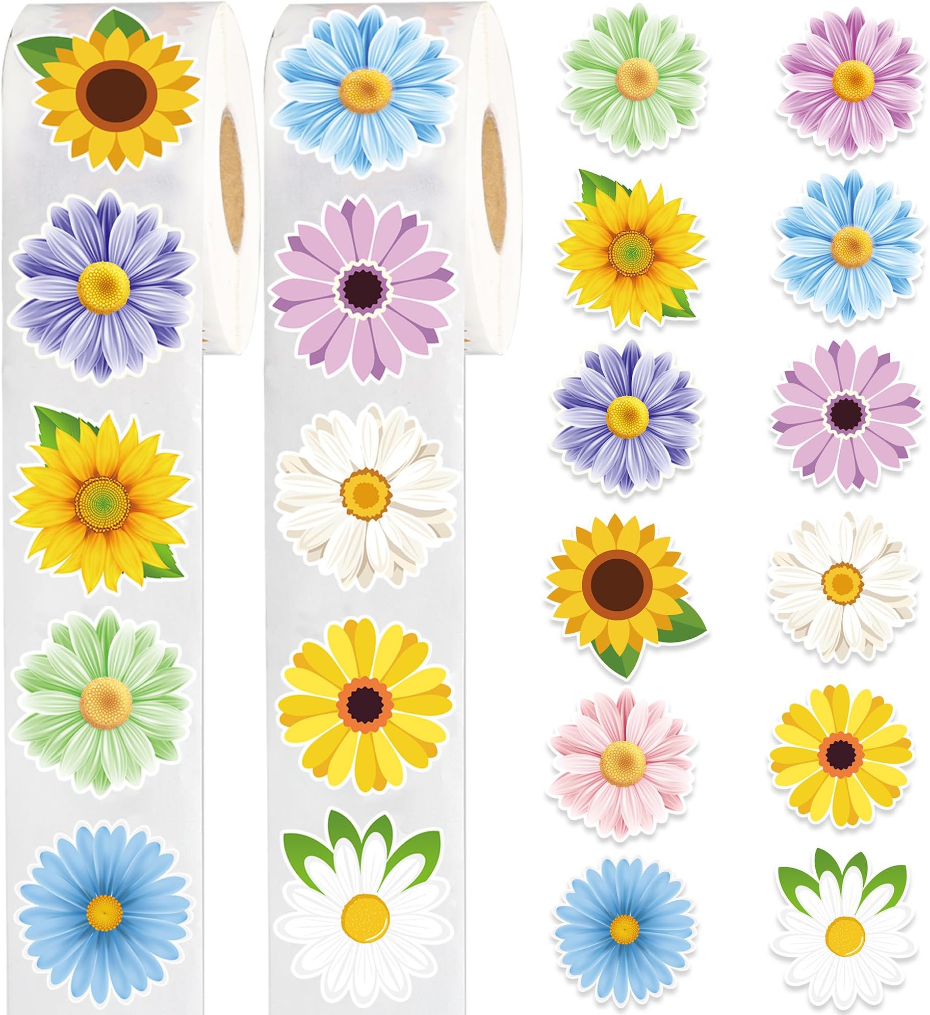 1200 PCS Flower Sticker Roll Spring Daisy Sunflower Sticker Decals Colorful Watercolor Flower Label Stickers for Scrapbooks Water Bottle Cards Envelopes and Spring Party Supply Decoration, 2 Rolls