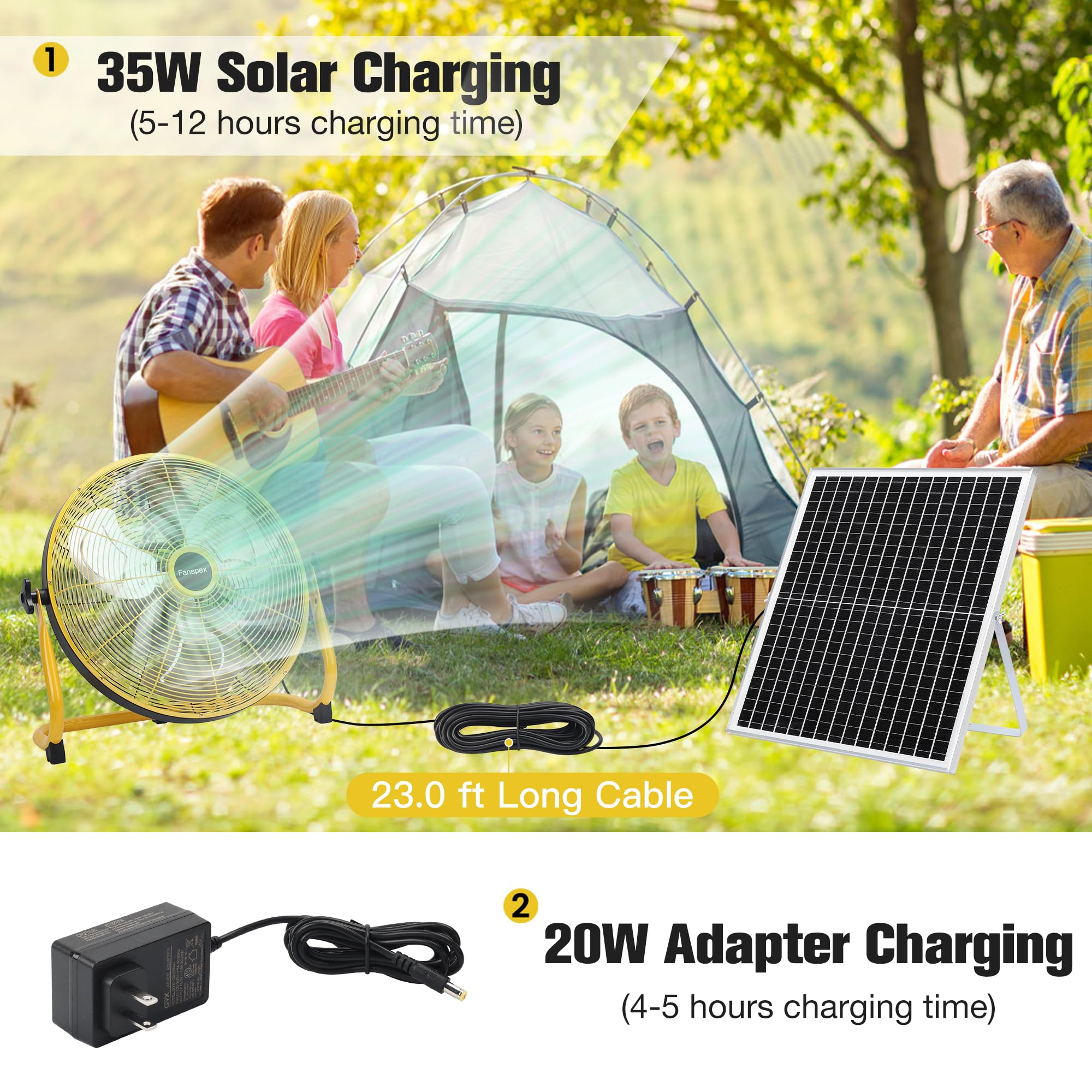 Fanspex Ventilatore da pavimento ricaricabile a energia solare da 45,7 cm, per esterni, 22500 mAh, con pannello solare da 35 W, per patio, gazebo, campeggio, inclinazione a 360° (flusso d'aria 5,8 m/s