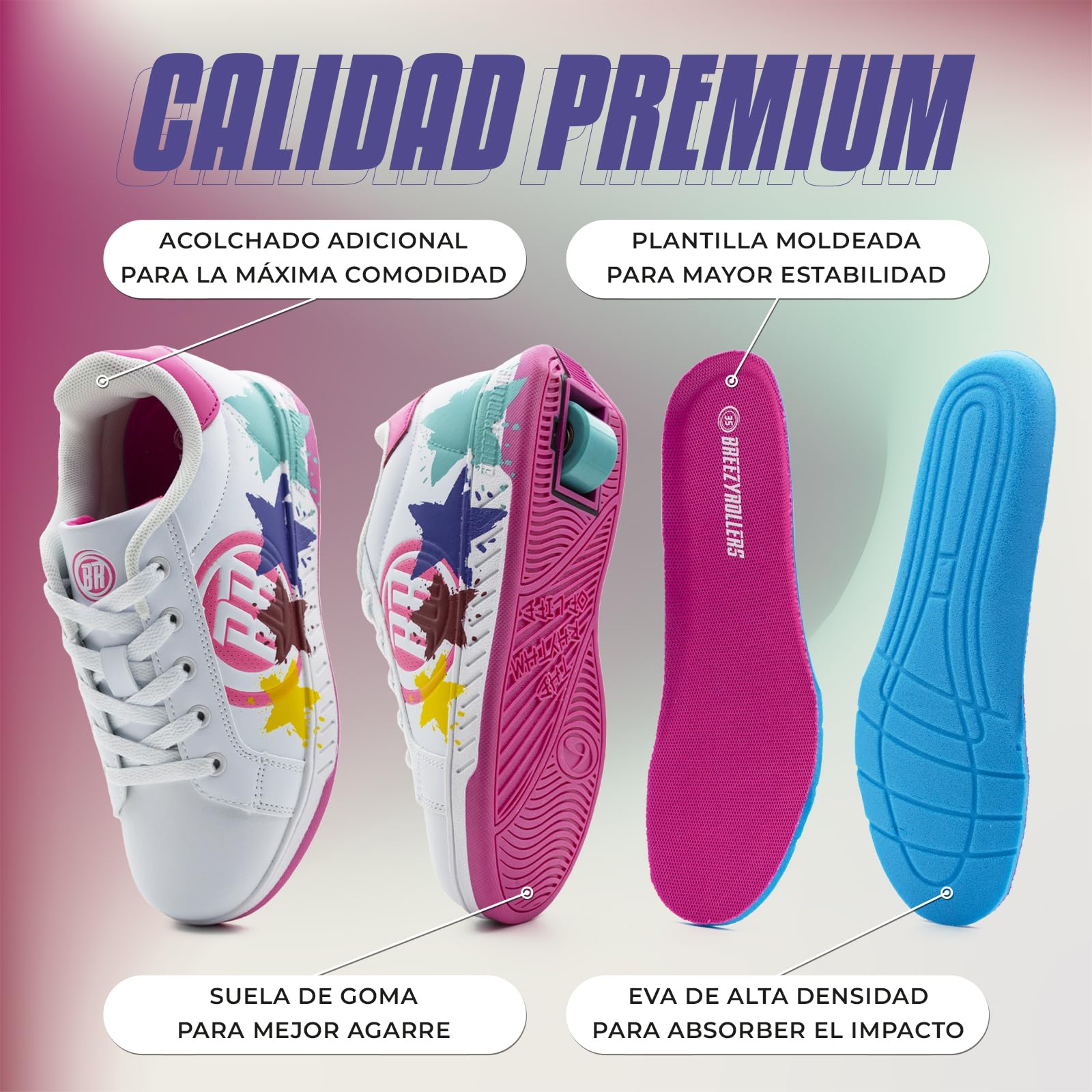 Breezy Rollers 2180373 Zapatos con Ruedas para Niñas, Zapatillas con una Rueda, Zapatillas Niñas 2 En 1 con Rueda Retráctil