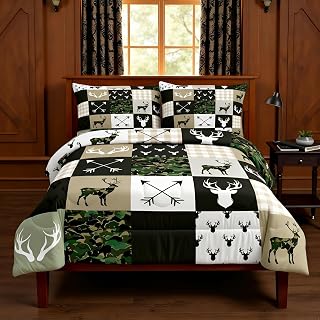 Camo Deer Antlers Kids Comforter Set Twin Size,Wildlife Arrows Geometric Plaids Patchwork Bedding Set,Girls Boys Adults Cabin Decor,Rustic Adventure Down Comforter,Camo Duvet Insert,2pcs,1 Pillowcase