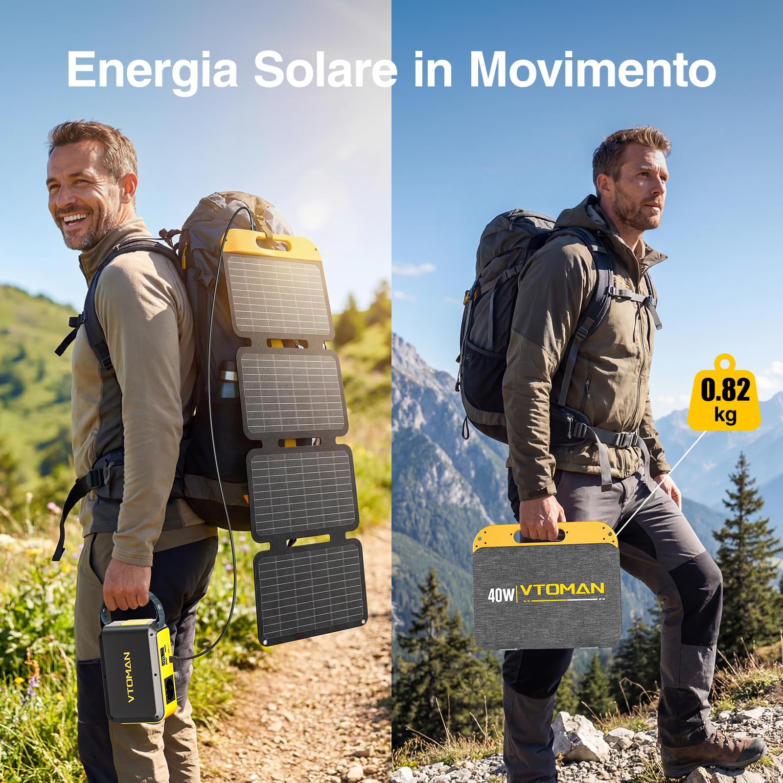 VTOMAN VS40 Portatile Pannello Solare da 40W, 13,9V, 25% Efficienza | Pieghevole Pannello Solare Impermeabile IP67 porte USB-A (Tipo C), PD30W, Leggero, Per Smartphone, Power bank