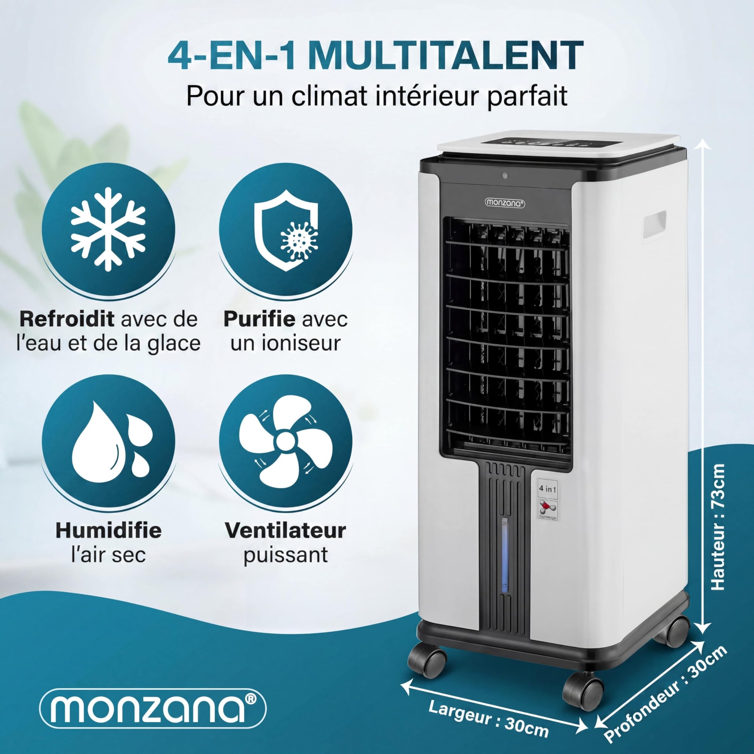 MONZANA® Rafraîchisseur d'air mobile 7L 4en1 télécommande 3 vitesses Ventilateur ioniseur humidificateur purificateur d'air