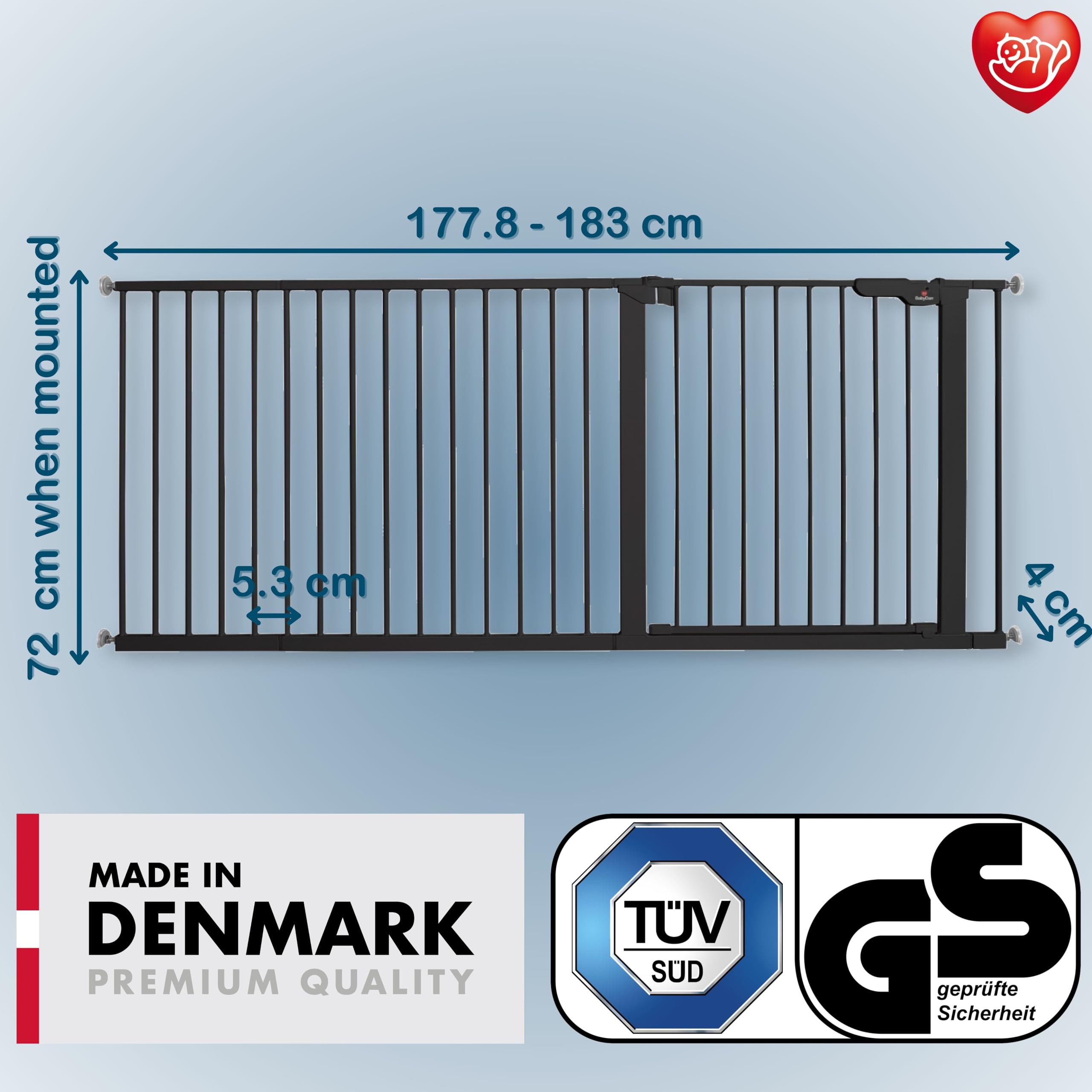 BabyDan Premier, Extra breit Ohne bohren Treppenschutzgitter, 177,8-183 cm, Babygitter/Sicherheitsgitter, Metall, Schwarz, Hergestellt in Dänemark - (Haustiergitter/Hundegitter)