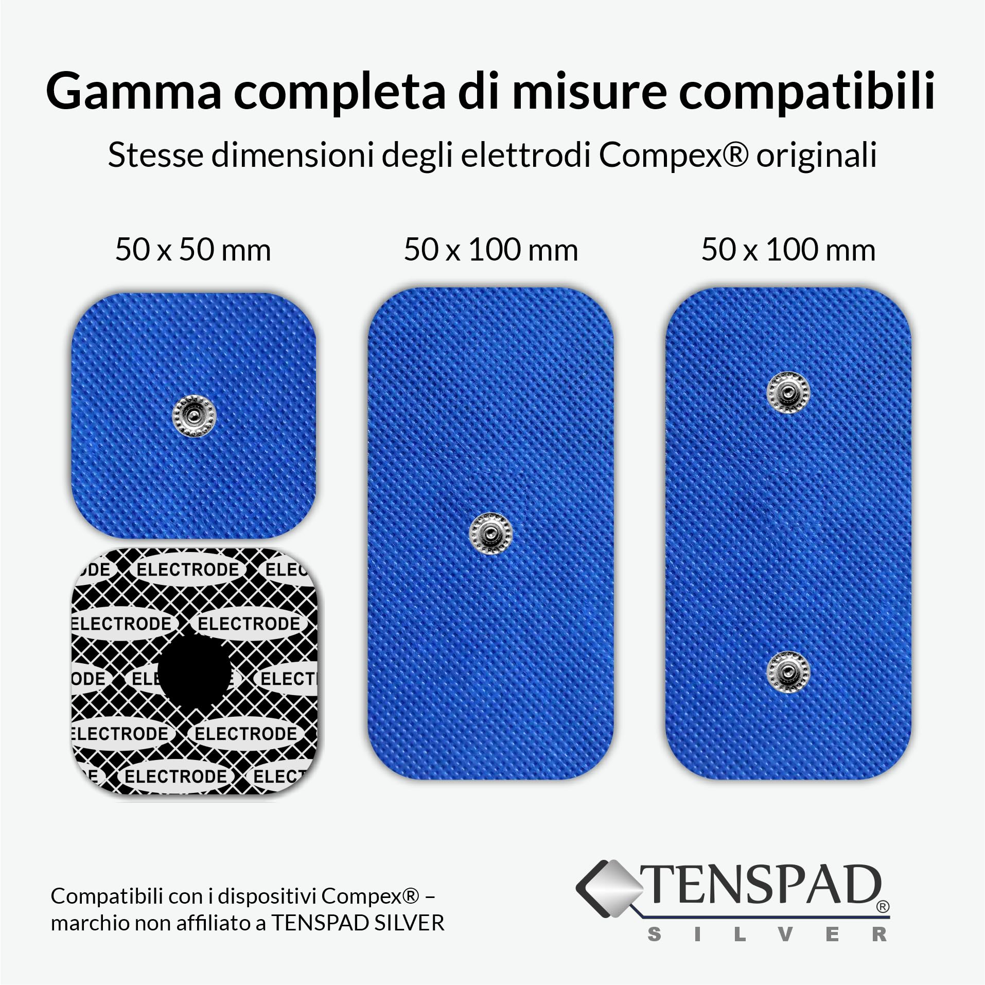 8 elettrodi con 1 SNAP, 50 x 50 mm, e 4 elettrodi con 1 SNAP, 50 x 100 mm, compatibili con Compex, con motivo in argento sulla superficie conduttrice
