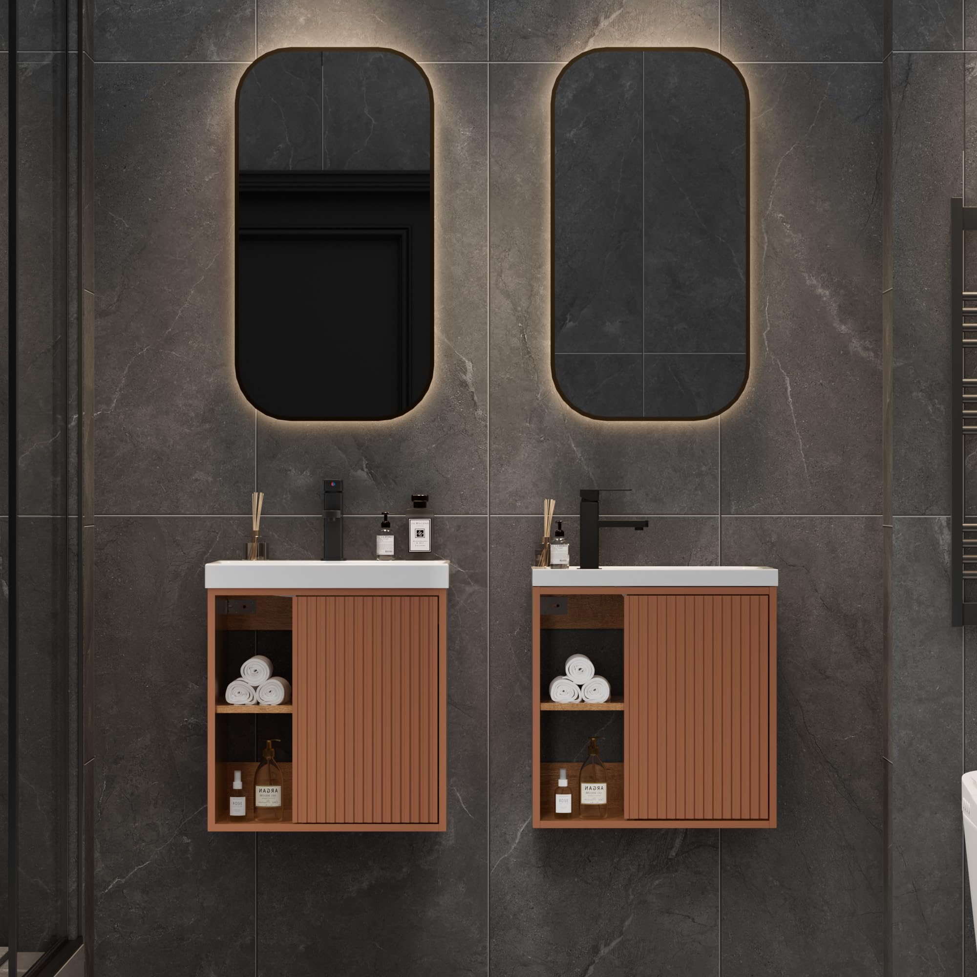 UEV Mobile Bagno con Lavabo in Resina, Mobiletto Bagno Sospeso con Unico Design e Praticità, Motivo a Righe Verticali, 50,5 x 30 x 50 cm, Rosa