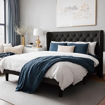 WEEWAY Full Upholstered Bed Frame with Tufted Wingback Headboard,Modern Platform Bed with Wooden Slats Support - Easy Assembly, Non-Slip and Noise-Free - Black