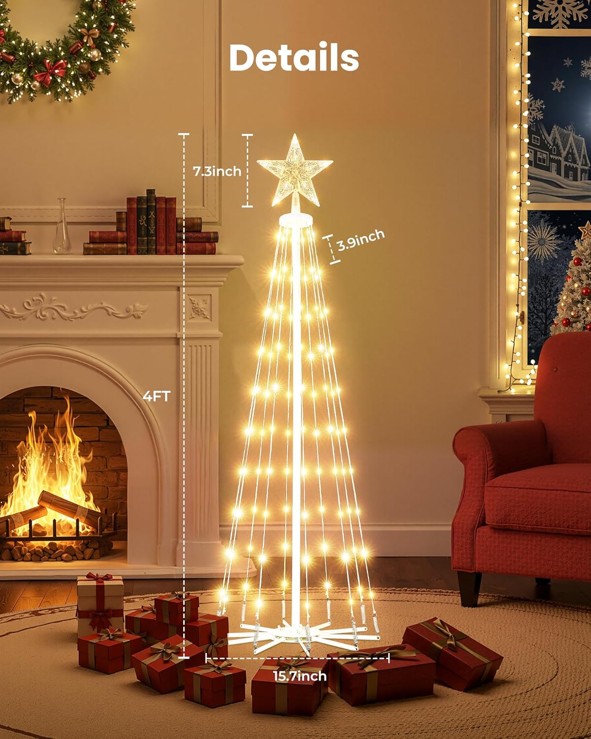 LED Christmas Cone Tree Light with Remote, 4 Feet 110 LED Outdoor Lightshow Christmas Tree with Star Topper, Dimmable Artificial Christmas Tree for Porch Yard Patio Indoor Decorations, Warm White