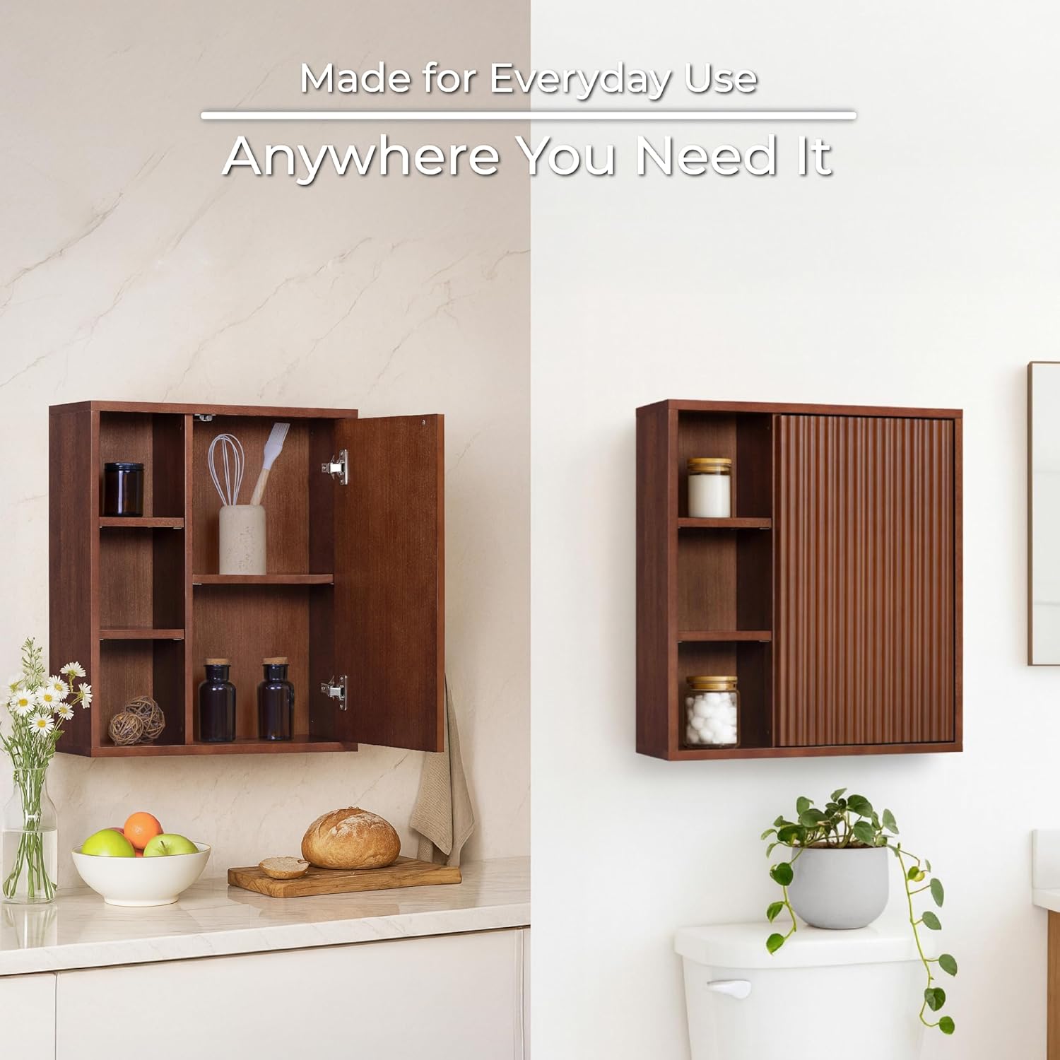 Teamson Home Tremolo 22″ Wide Bathroom Wall Mounted Medicine Cabinet with Open Compartments & 1 Door with Fixed Interior Shelf, Wooden Bracket for Mounting, Natural Fluted Finish in Walnut Color