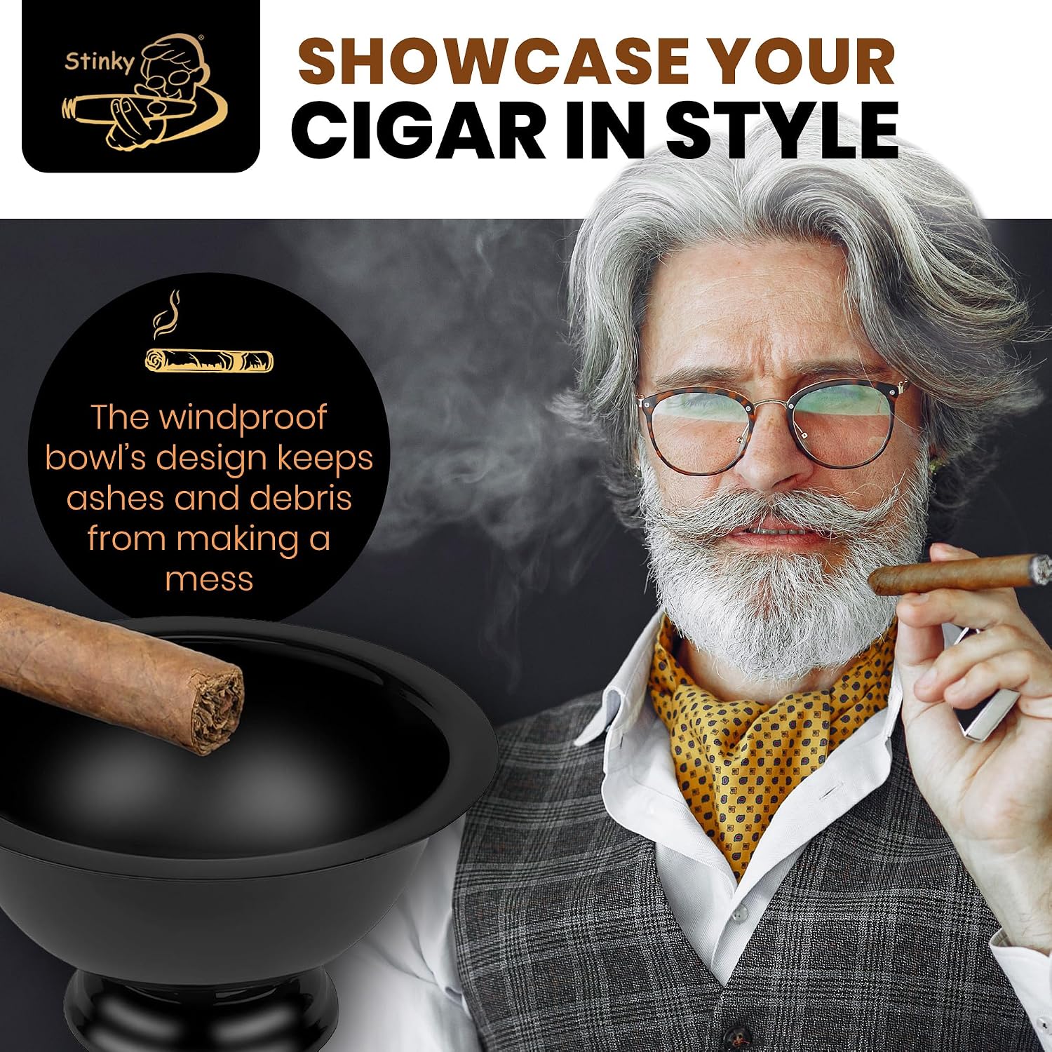 Stinky Cigar Personal Size Ashtray - Compact, Durable Windproof Stainless Steel Design with 1 Stirrup, Deep Bowl, Heat Resistant & Easy to Clean - Perfect Solo Smoker's Companion - Matte Black