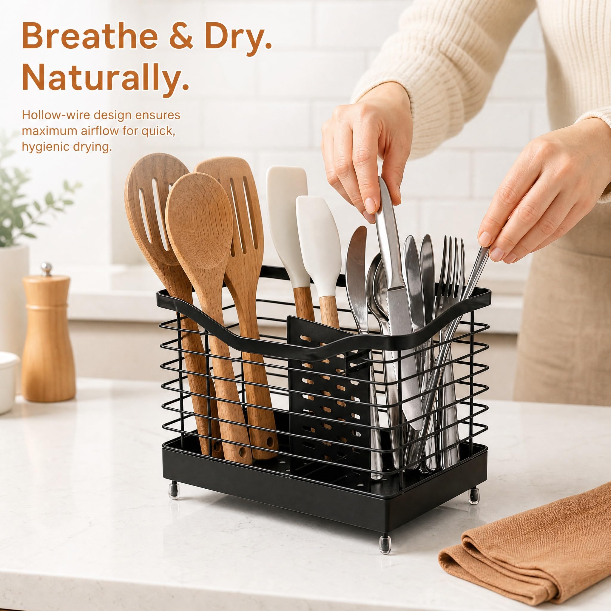 2 Fächer Küchenutensilienhalter Utensilienhalter Schwarz Halter für Küchenutensilien Organizer Metall 20x19x11cm Besteckhalter mit Ablaufboden Besteckkorb Utensilien Caddy für Arbeitsplatte