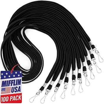 MIFFLIN-USA Bulk Flat Lanyards for ID Badges Black, 36 Inch, 100 Pack, Comfortable Neck Straps