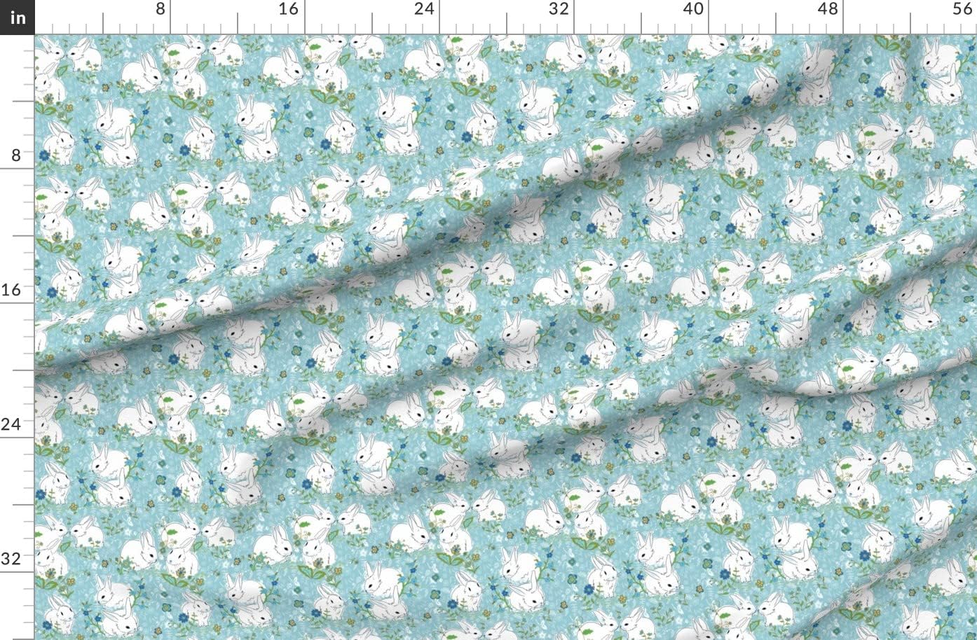 Spoonflower Fabric - Bunny Love Blue Floral Flowers Greens Rabbit Spring Easter Bunnies Printed on Organic Cotton Sateen Fabric by The Yard - Sewing Quilting Apparel Home Decor