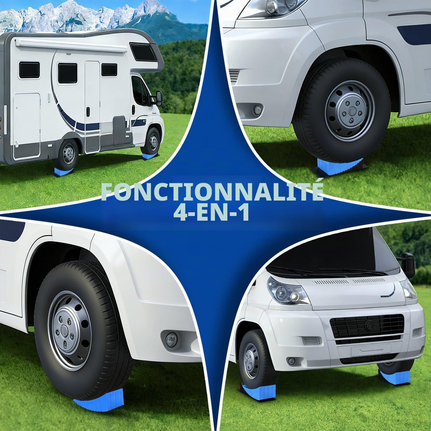 Lot de 2 cales de levage pour camping-car 13,5 t - 8 niveaux de compensation de hauteur de 2 à 10 cm - Double système antidérapant en polyéthylène haute densité - Avec tapis en caoutchouc et niveau à