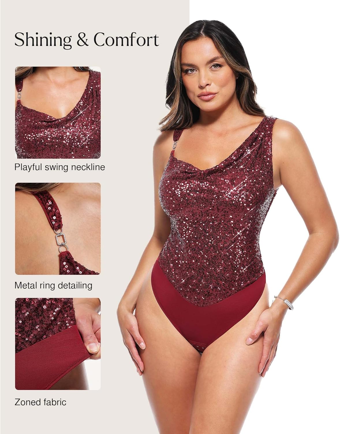 Popilush Shapewear for Women Sequin Cowl Neck Chain Tummy Control Sparkly Body Shaper Sexy Body Suit Going Out Party Top
