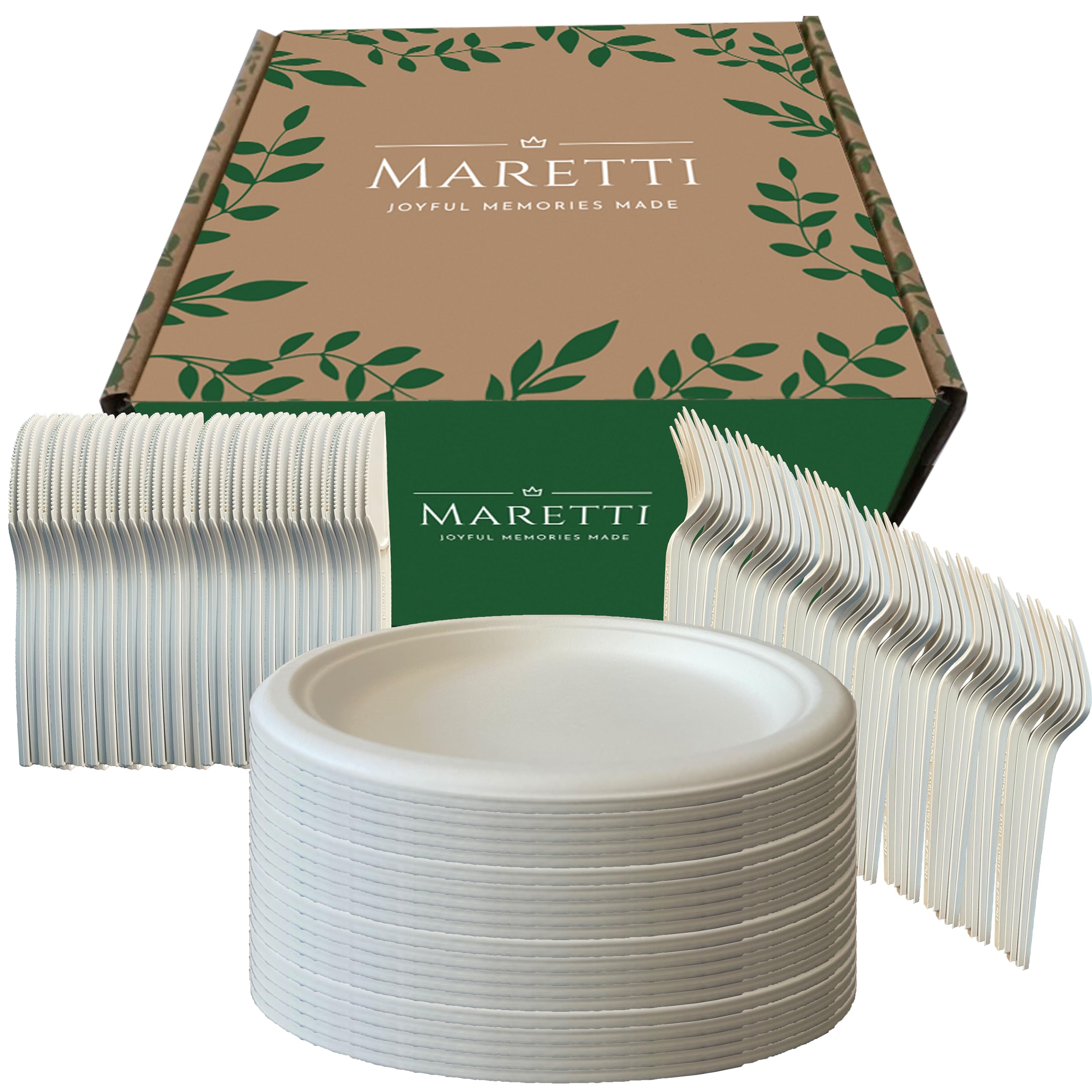 Maretti White Compostable Biodegradable Plate with Cutlery Set (knife + fork) for Wedding Party, Baby Shower Party, Birthday Dinner, Picninc and more - 150 PCS for 50 people