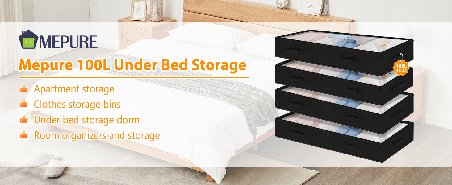 Huquter 100L Underbed Storage Bag, 4 Pack Extra Large Under Bed Storage Box With Lid, Reinforced Zip Handle, Foldable Fabric Long Flat Under Bed Storage Bag With Zip For Blankets Clothes Beddings
