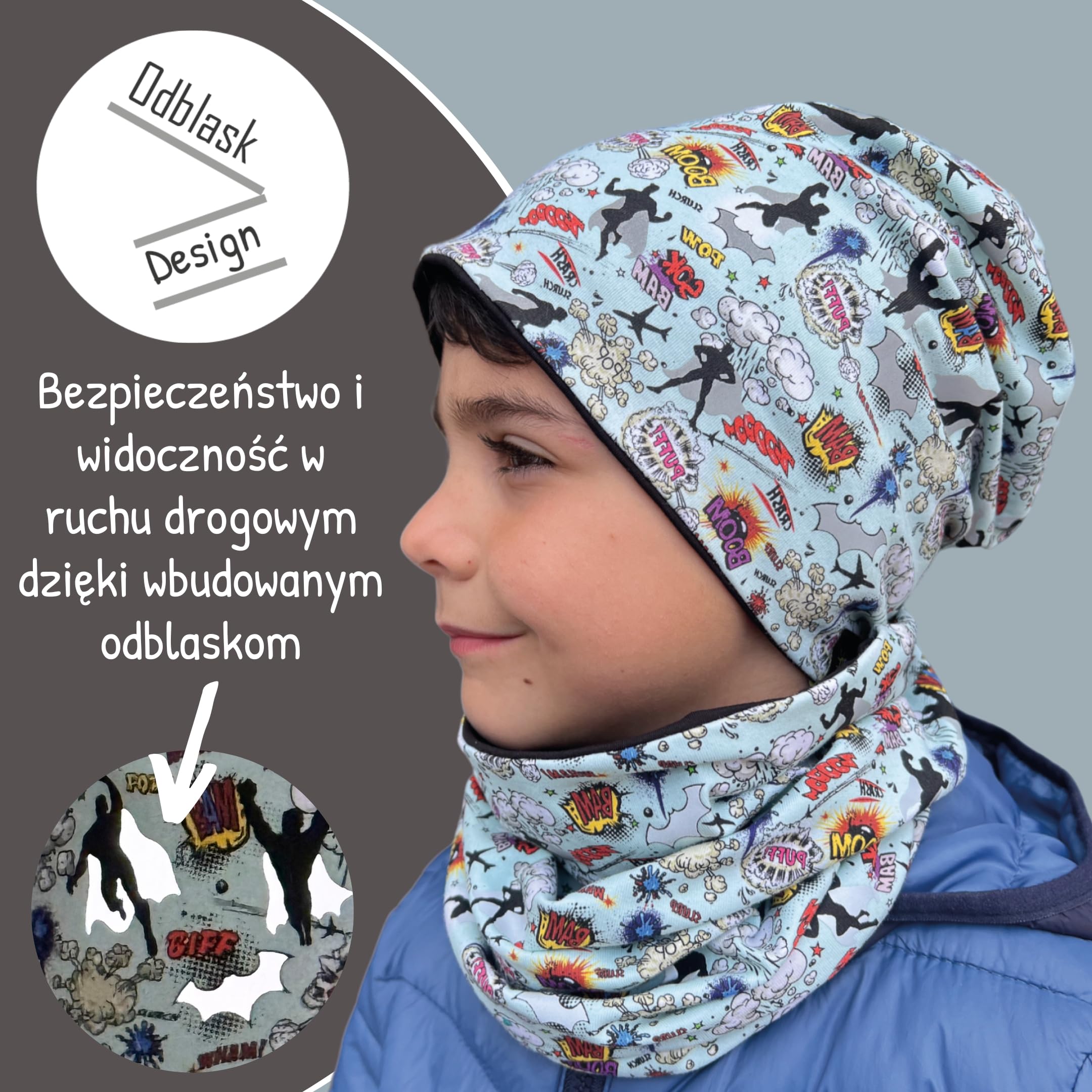 HECKBO 360° odblaskowa czapka dziecięca i komin 95% bawełna miękki stretch beanie na wiosnę jesień i zimę 48–54 cm