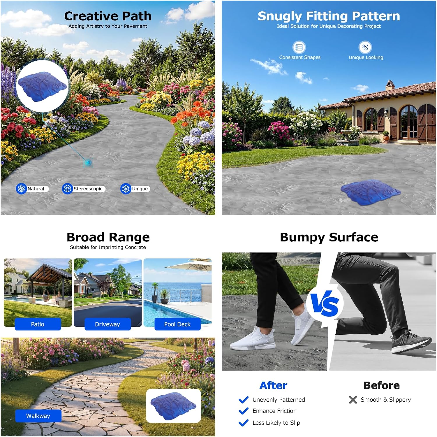 Concrete Stamp Mat 35.43"x34.25", DIY Seamless Stone Texture PU Mold for Patio, Driveway, Non-Slip & Reusable Decorative Imprinting Concrete Pattern, Overlay Manual Concrete Stamping Tool, Blue