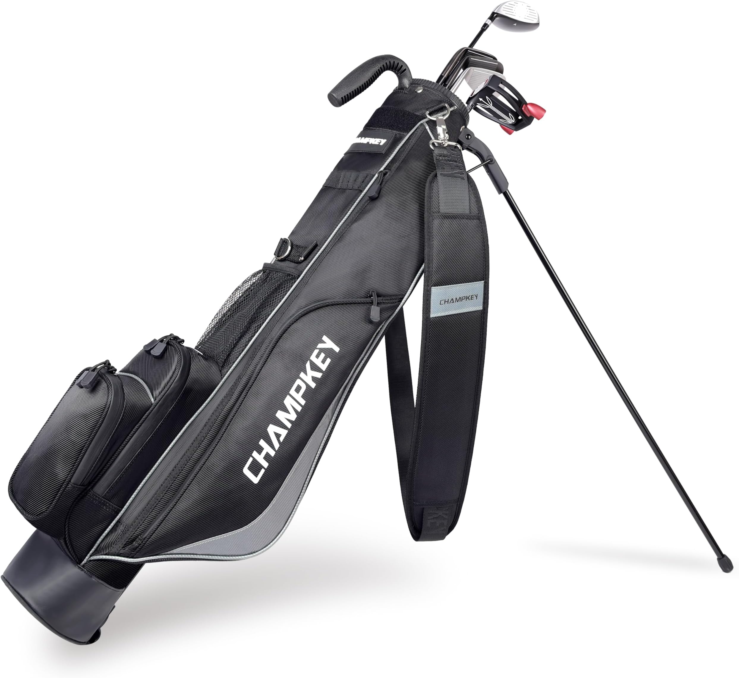 CHAMPKEY Premium Sunday Bag with Stand and Strap - Professional Pitch and Putt Lightweight Golf Bag for The Driving Range, Par 3 and Executive Courses (Black)