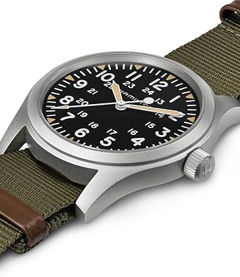 Hamilton Khaki Field Mechanical Men's Watch, 42mm Stainless Steel Case, Swiss Made, Black Dial Analog Wrist Watch for Men, 50m Waterproof, Sapphire Crystal, Textile Strap
