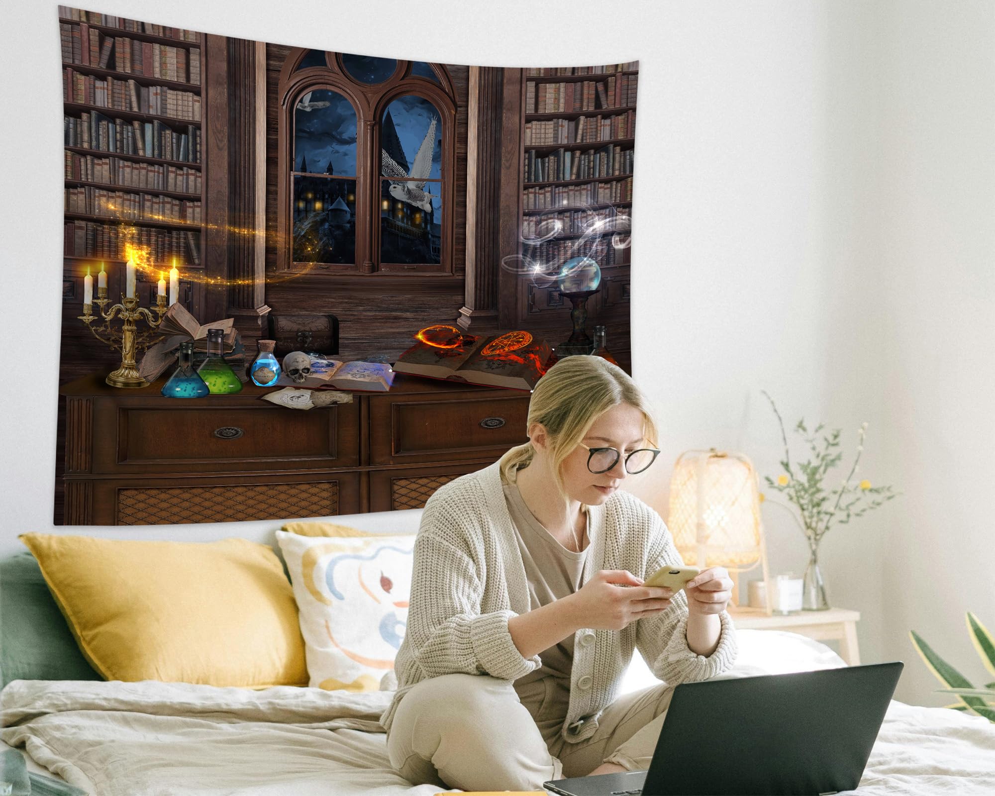 QGHOT Fantasy Library Tapestry Wall Hanging Magic School Bookshelf Backdrop Fairy Tale Library Tapestries for Teens Bedroom Living Room Dorm Decor 78.7"x59.1"