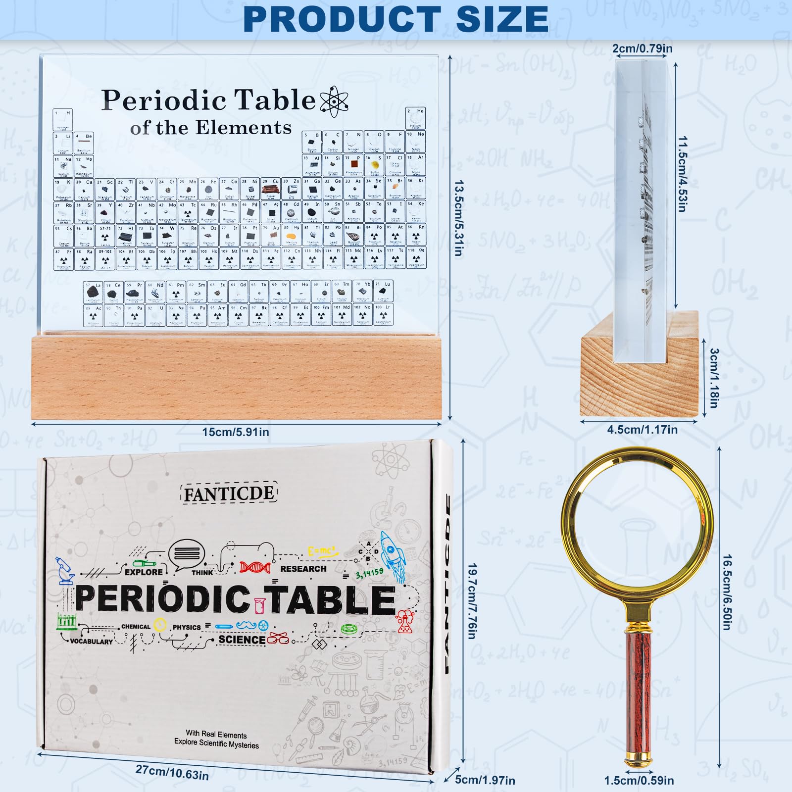FANTICDE-Tableau Periodique Des Elements,Table périodique éléments réels,Acryl Periodic Table Of 83 Elements,Cadeau de Chimie pour étudiants, enseignants(15cm*11cm*2cm)