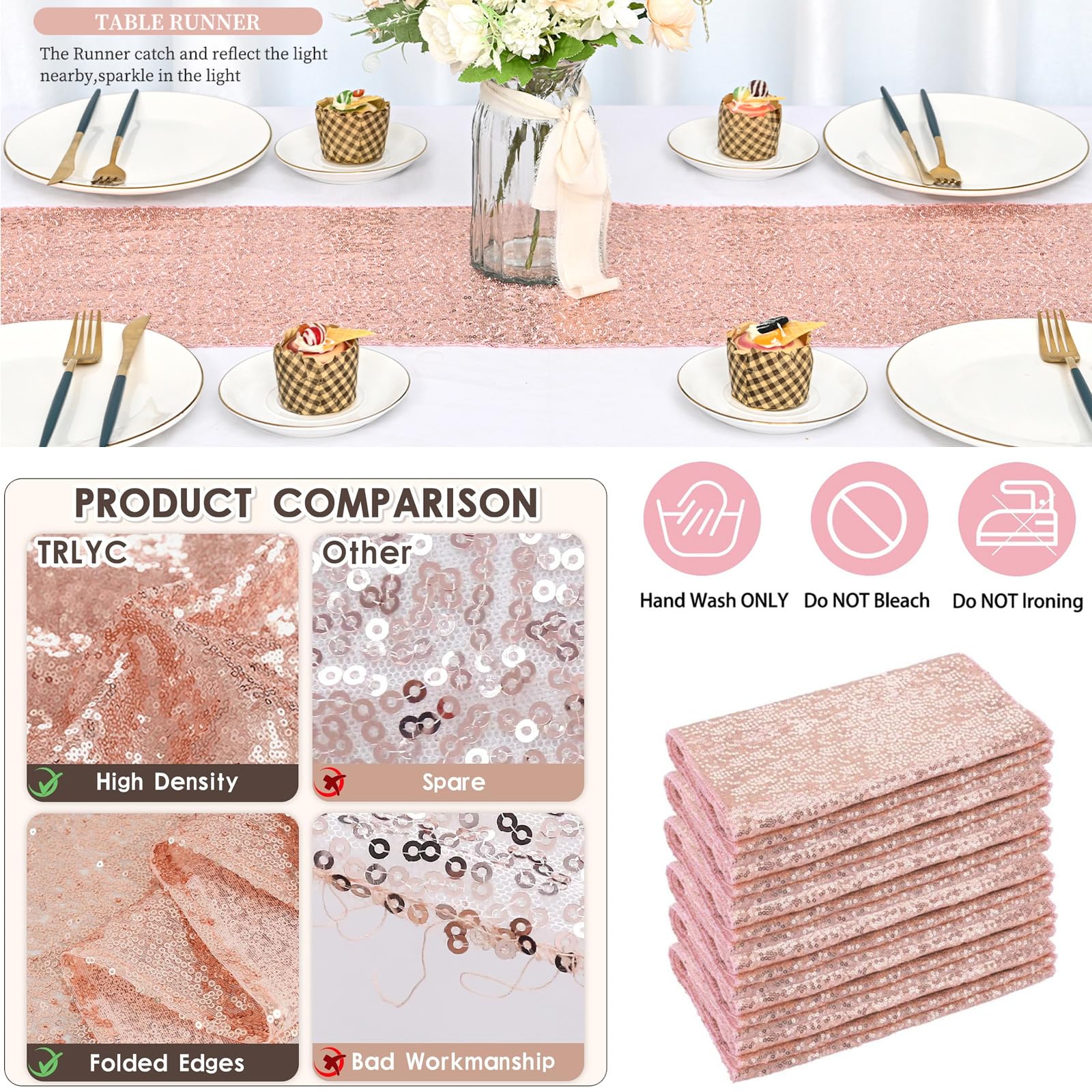 Eowppue Elegant Rose Gold Table Runner 30x180cm, Set of 2, Perfect for Wedding Banquet, and Hotel Decorations - Image 3