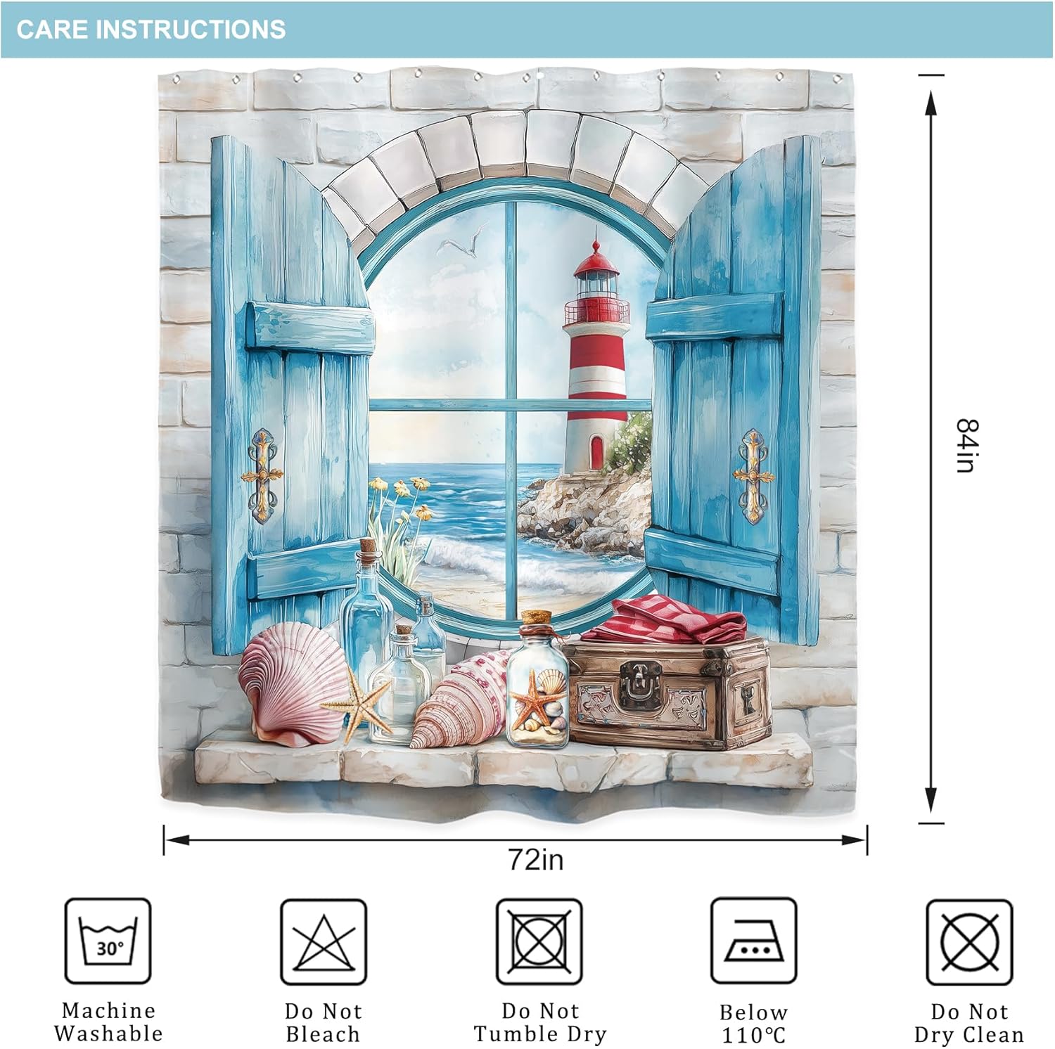 Riyidecor Extra Long Beach Lighthouse Shower Curtain for Bathroom Decor 72Wx84H Teal Blue Ocean Sea Coastal Nautical Rustic Seashell Art Printed Fabric Polyester Waterproof 12 Pack Plastic Hooks