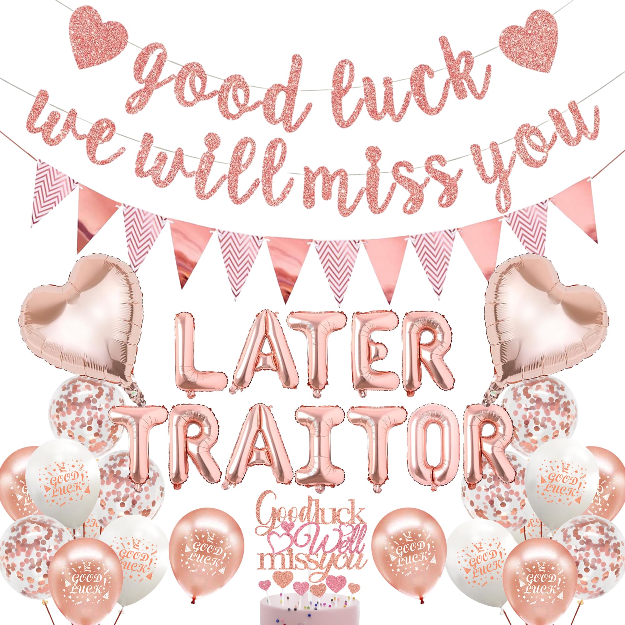 Retirement Leaving Party Banner - Pink Glitter Good Luck Balloon Set