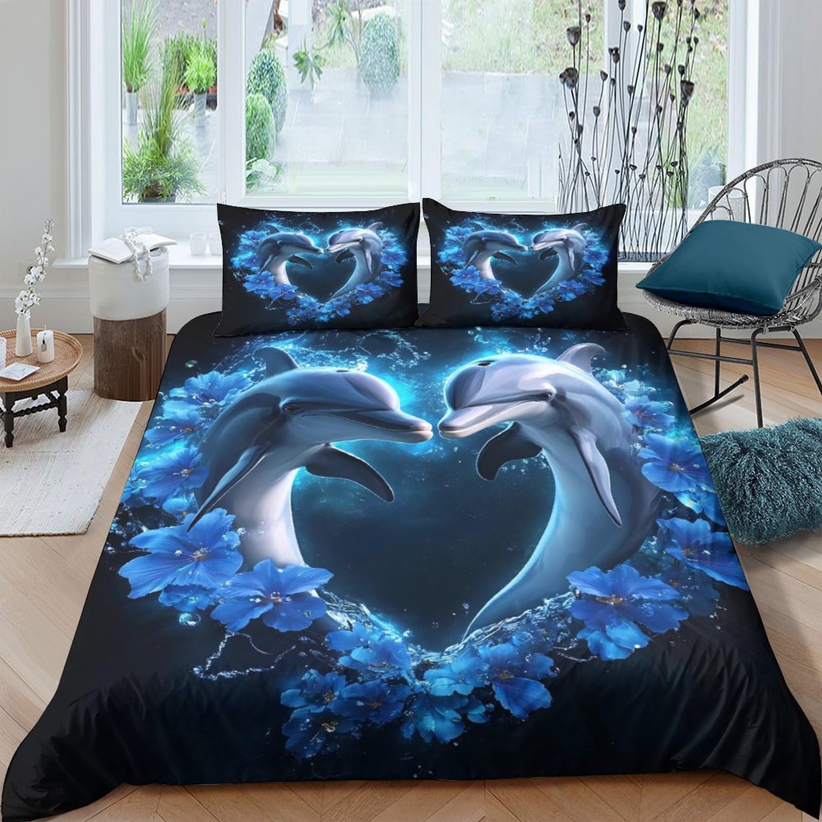 Ctjqhvkz Style-8 3D Printed Blue Dolphin Heart Fitted Sheet Microfiber Soft Mattress Cover For Bedroom Guest Room Easy Care Decor Single（135X200cm）