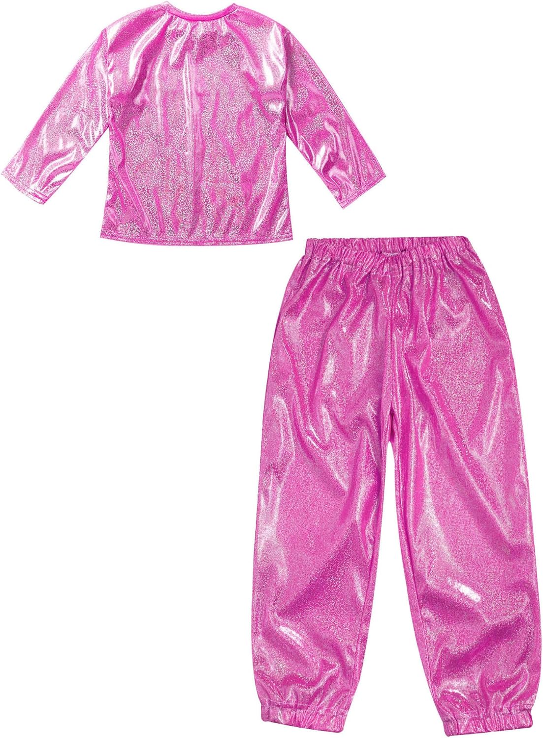 ACSUSS Children Stage Performance Dance Set Shiny Long Sleeve Top with Glitter Elastic Pants Hot Pink 7-8 Years