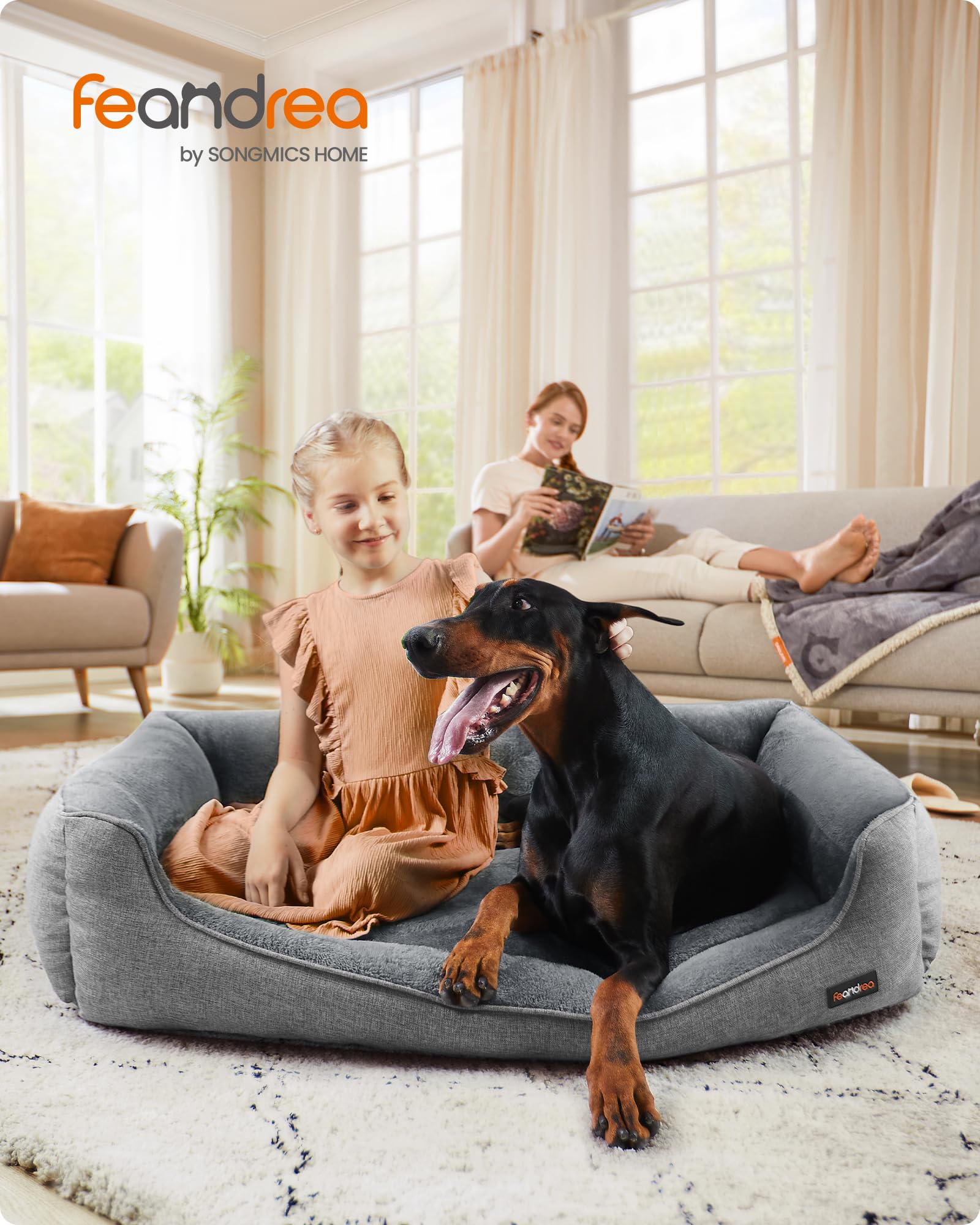 Feandrea Cuccia per Cani, Lettino per Animali in Simil Lino, Bordi Rialzati, Fondo Antiscivolo, Copertura Sfoderabile per Lavaggio, XXL per Cane Extra Grande, 120 x 90 x 30 cm, Grigio Chiaro PGW013GG