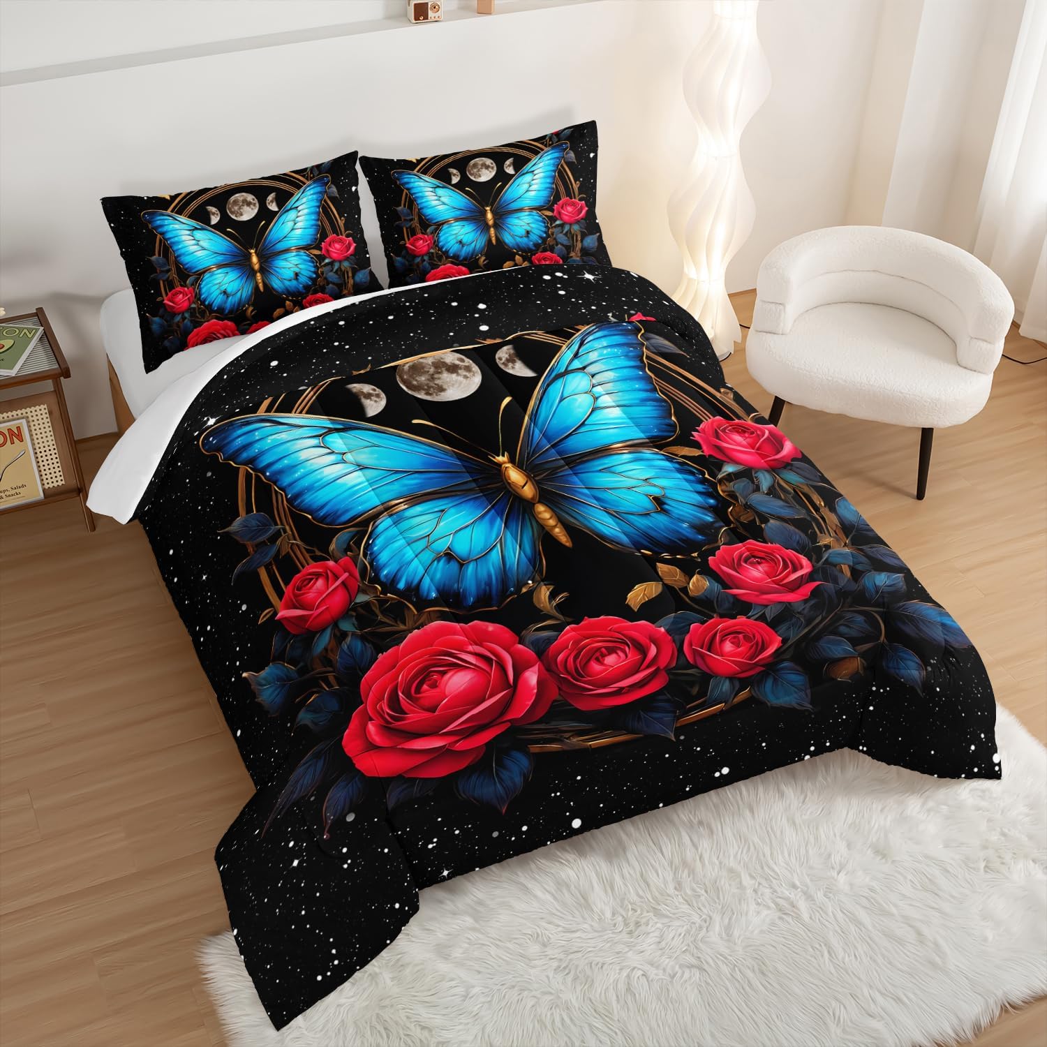 Blue Butterfly Comforter Set Twin Size,Red Rose Comforter Butterfly Bedding Sets for Kids Girls Teens Room Decor Aesthetics,Animal Themed Comforter Floral Bedding Sets with 2 Pillowcases.