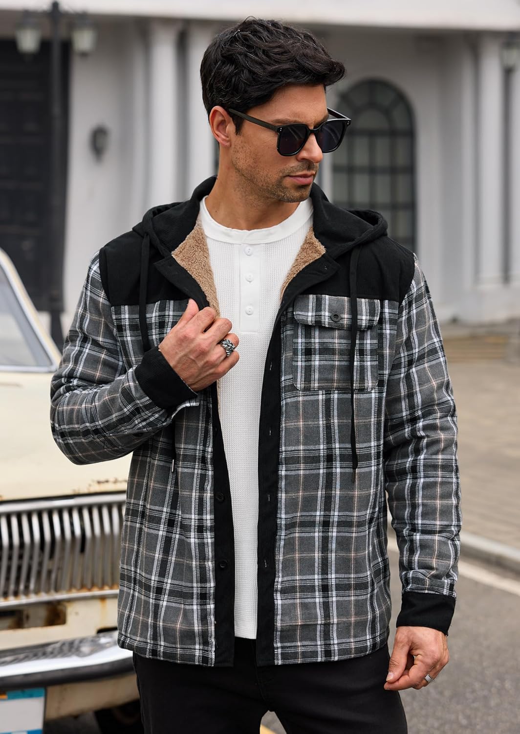 Men’s Plaid Flannel Jacket Warm Sherpa-Lined Button Down Corduroy Hoodie (S-XXL) - Image 3