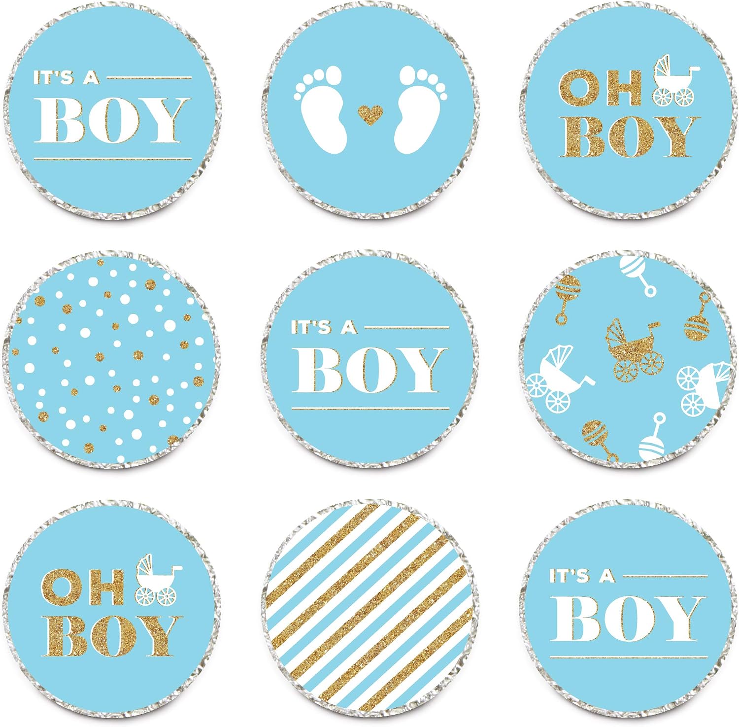 Andaz Press Chocolate Drop Labels Trio, Fits Kisses, Ultimate Boy Baby Shower Collection, Baby Blue and Gold Glitter, 216-Pack image 2