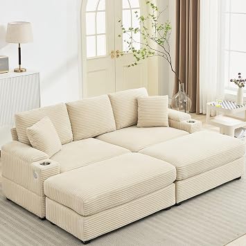 Oversized Corduroy Double Chaise Lounge Chair Indoor with Storage and Ottoman, Sleeper Chairs with Cup Holder, USB,Deep Seat Upholstered Sofa Bed, Chair for Living Room, Bedroom, Office Beige