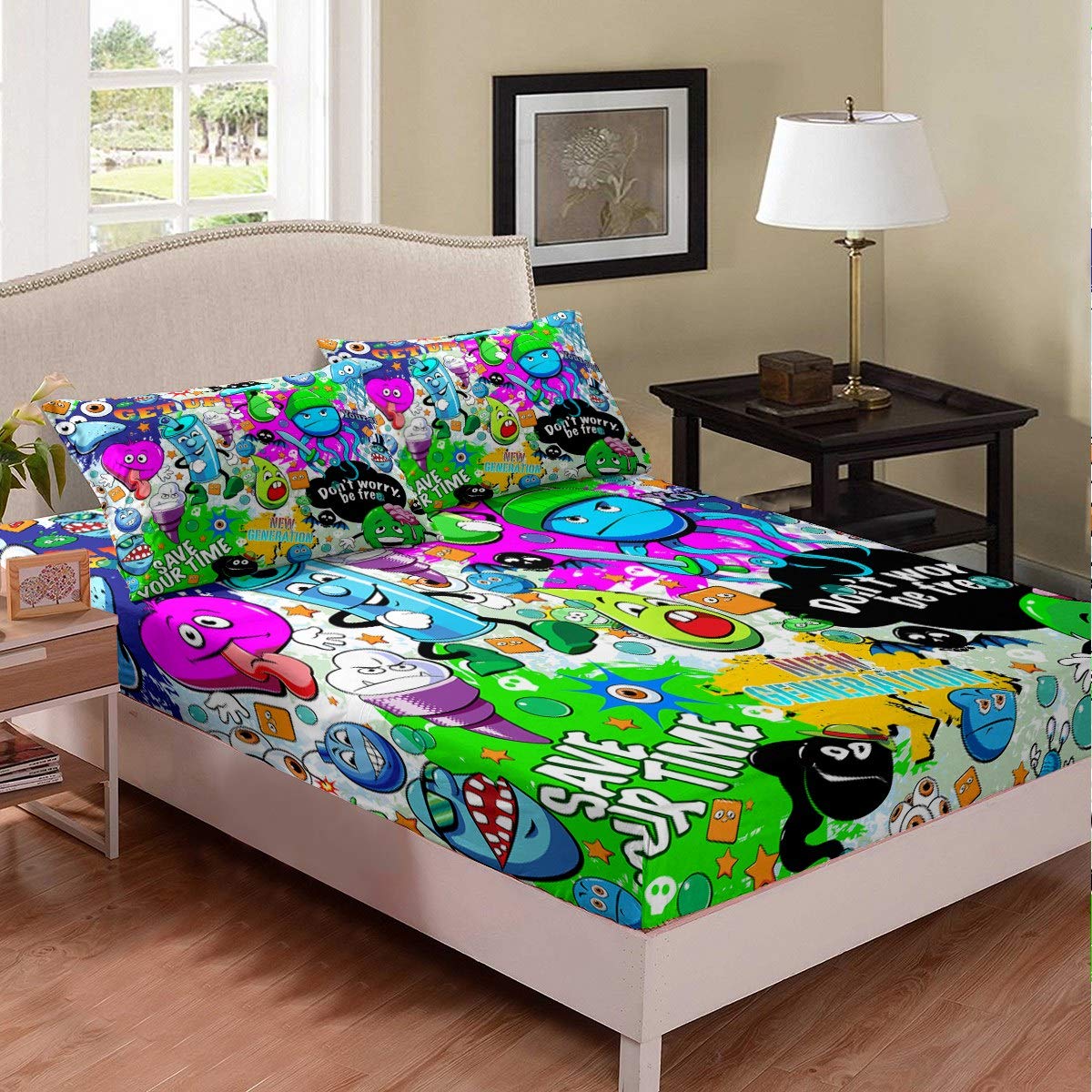 Loussiesd Children Bedding Set Hippie Graffiti Style Bed Sheet Cover for Kids Boys Teens Cartoon Graffiti Pattern Fitted Sheet Colorful Funny Style Bed Cover Room Decor King Size