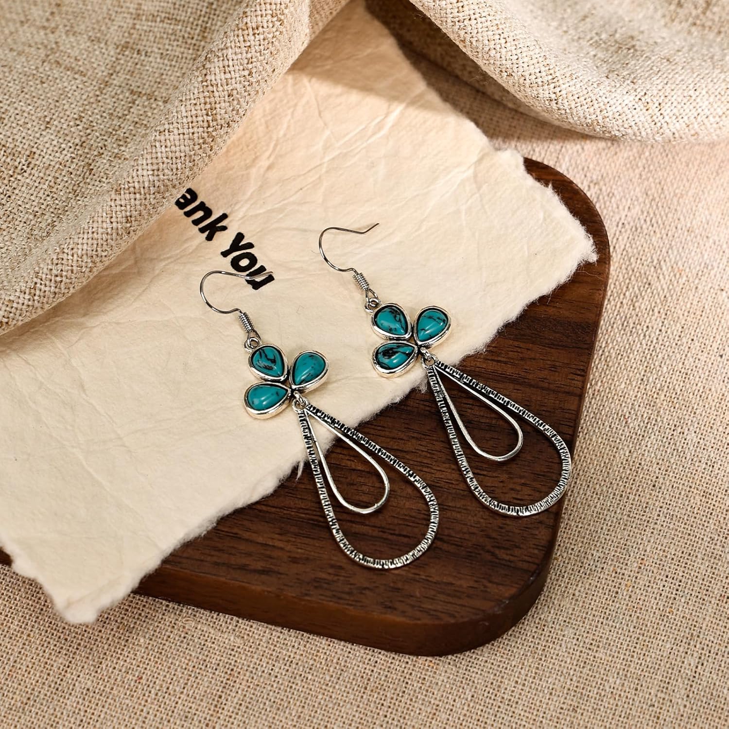 Boho Turquoise Earrings for Women – Turquoise Drop Dangle Earrings with Hammered Silver Design, Western Turquoise Birthstone Jewelry with for Gift - Image 5