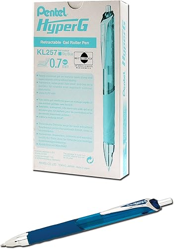 Pentel Hyper G - Bolígrafo de rodillo de gel retráctil, línea media, tinta azul cielo permanente, caja de 12 unidades (KL257-S)