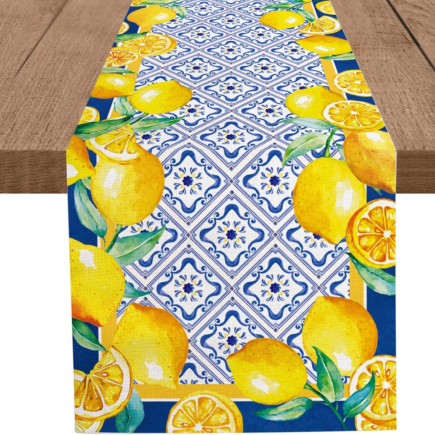 WHOMEAF Summer Lemon Table Runner CyanBlue Burlap Artificial Lemon Fruit Farmhouse