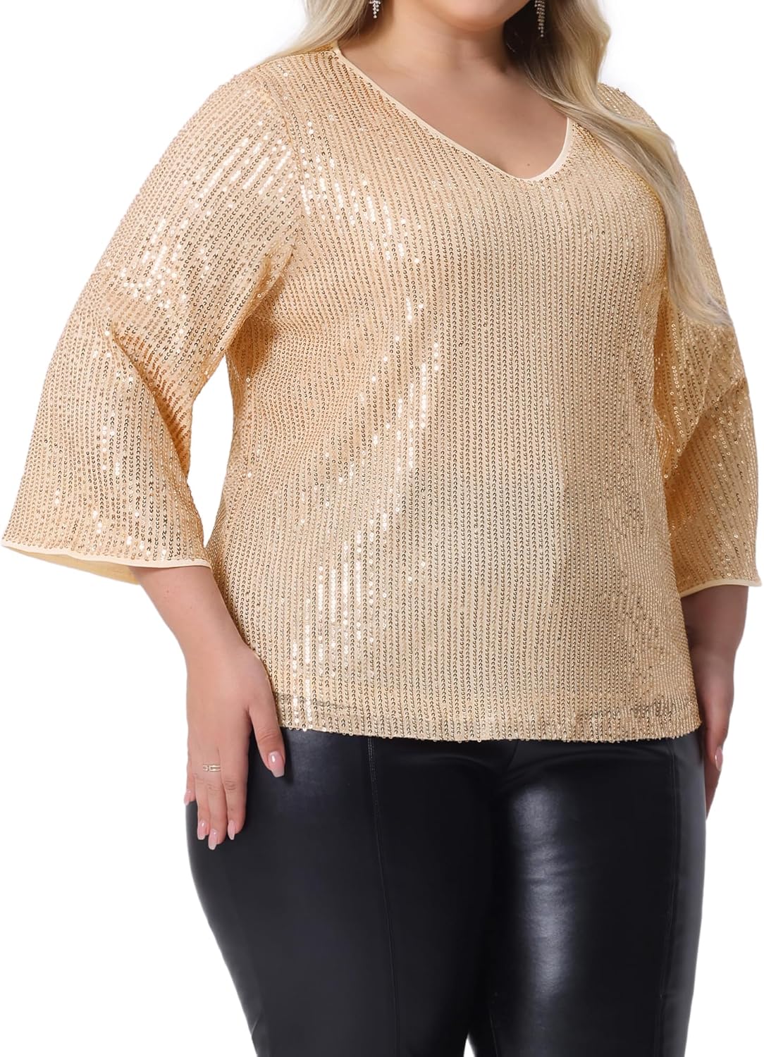 Agnes Orinda Plus Size Sequin Top for Women 3/4 Sleeve V Neck Glitter Sparkle Shimmer Party Disco Club Concert Outfits