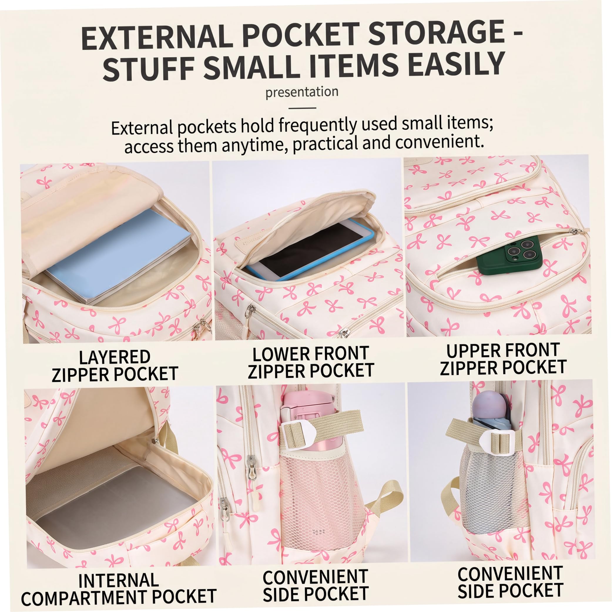 Borsa con fiocco per ragazze, set di borse leggere da 3 pezzi, bianco