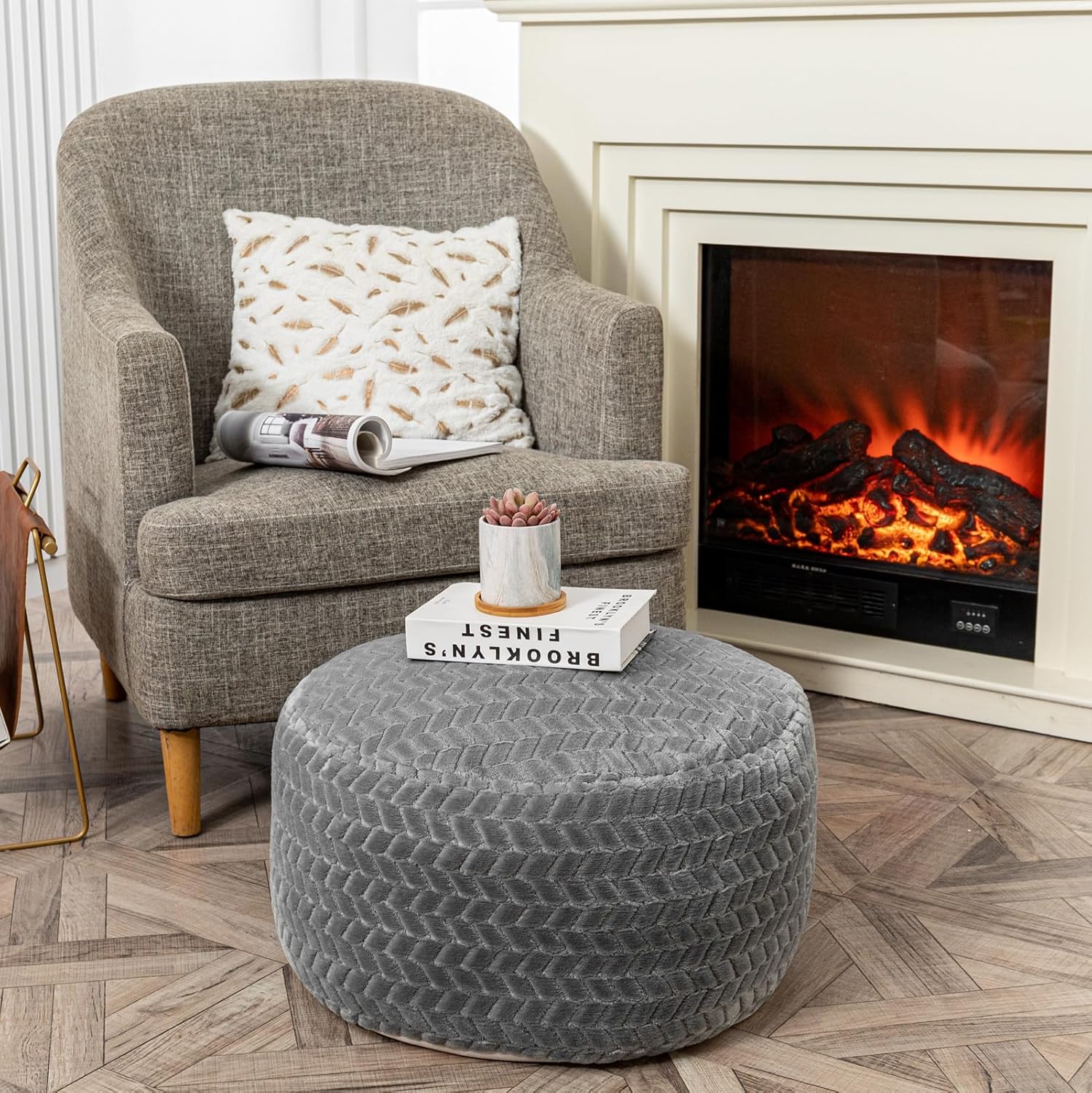 Round Pouf Ottoman Stuffed Velvet Floor Pouf Footrest Foot Stool Bean Bag Floor Chair for Bed Room Living Room Accent Seat 20x12inches with Filler