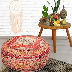 Pouf One - En cuir véritable - Style oriental - Garnissage marron clair - Diamètre 49 cm - Tabouret vintage marocain - Pouf - Repose-pieds - Coussin en cuir - Maroc
