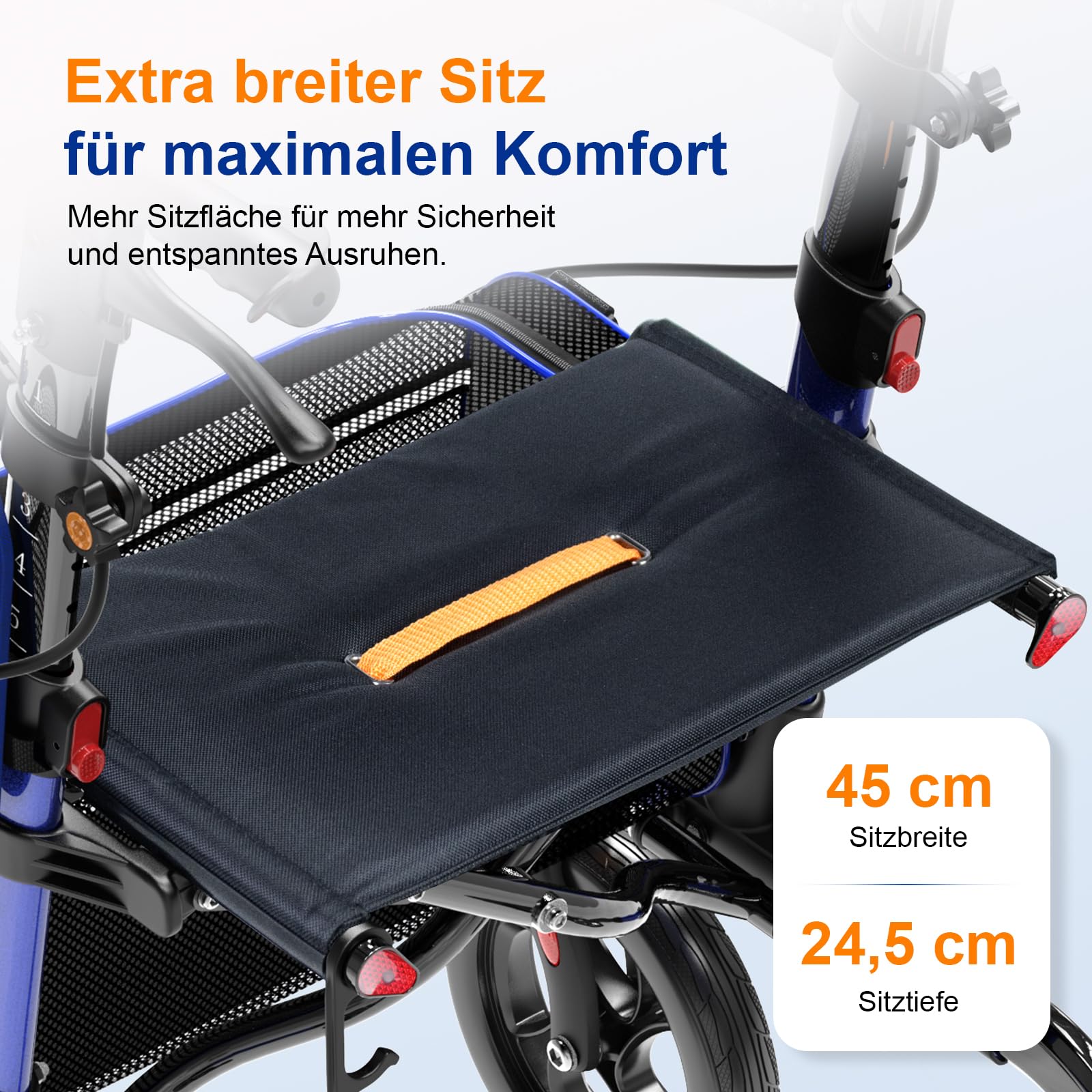 Andadores para personas mayores, andador con asiento, capacidad de carga de 159 kg, asiento grande (46 cm), ruedas de 20 cm, 6 niveles de ajuste de altura, andador con marco de aluminio ligero para